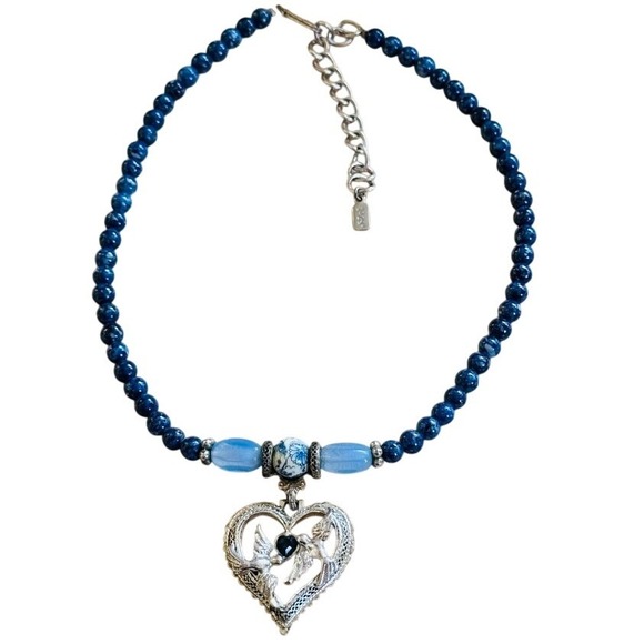 Victorian Style Heart Love birds Necklace VTG 1928 Blue glass beads ornate 19\